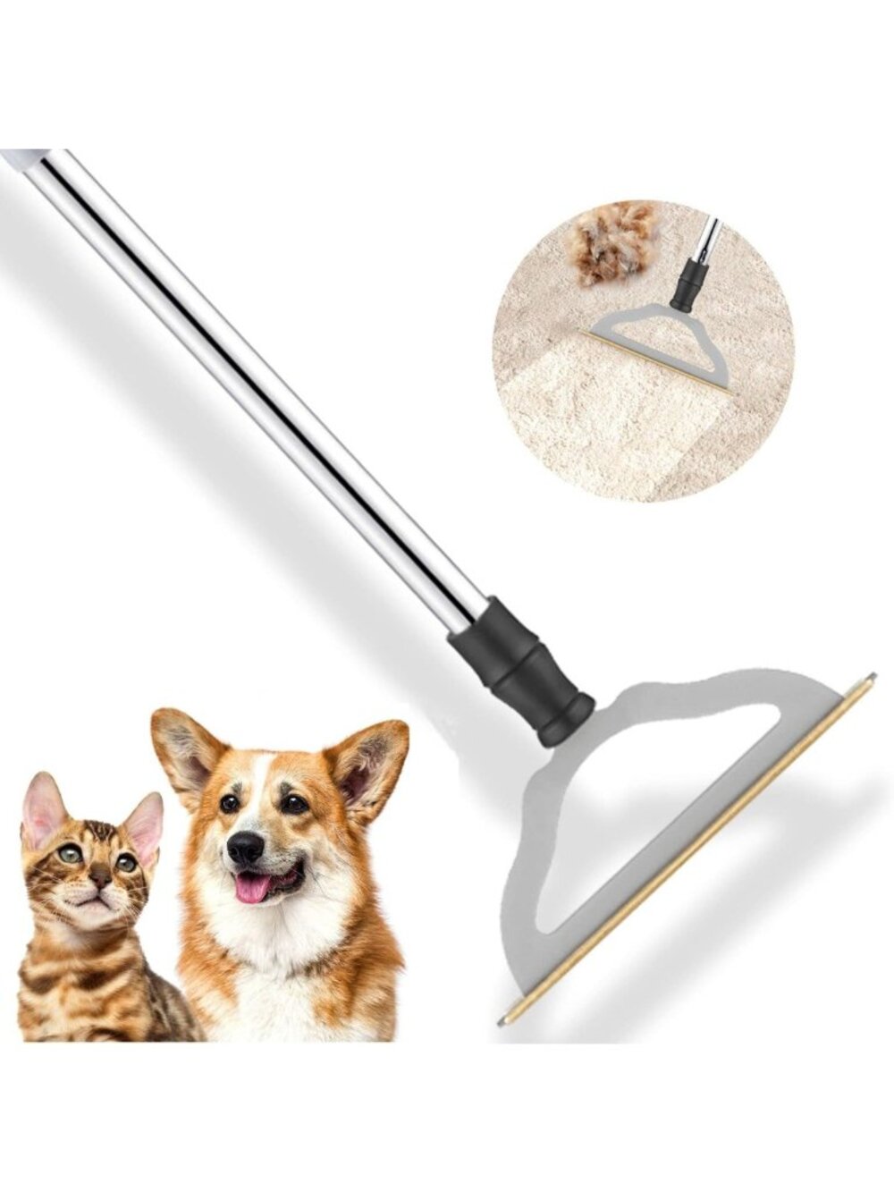 Adjustable Pet Hair Remover Rake for Carpets - Reusable Long Handle Fur Scraper